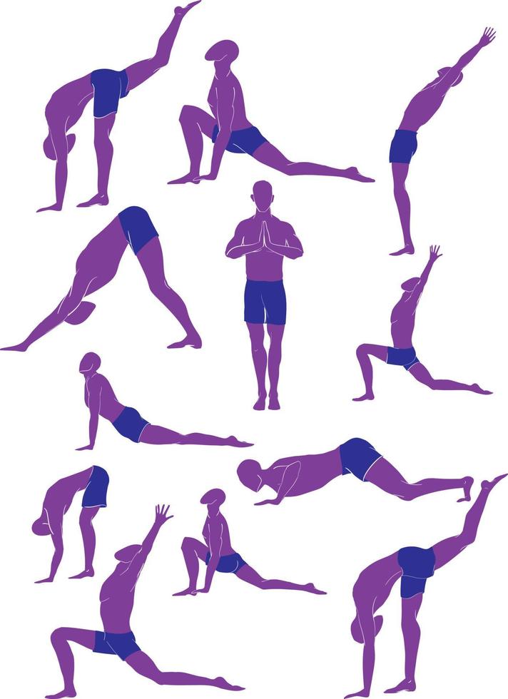 set med 12 asanas av yogaträning surya namaskar eller solhälsning eller solhälsning. håll dig lugn. vektor illustration. silhuetter.