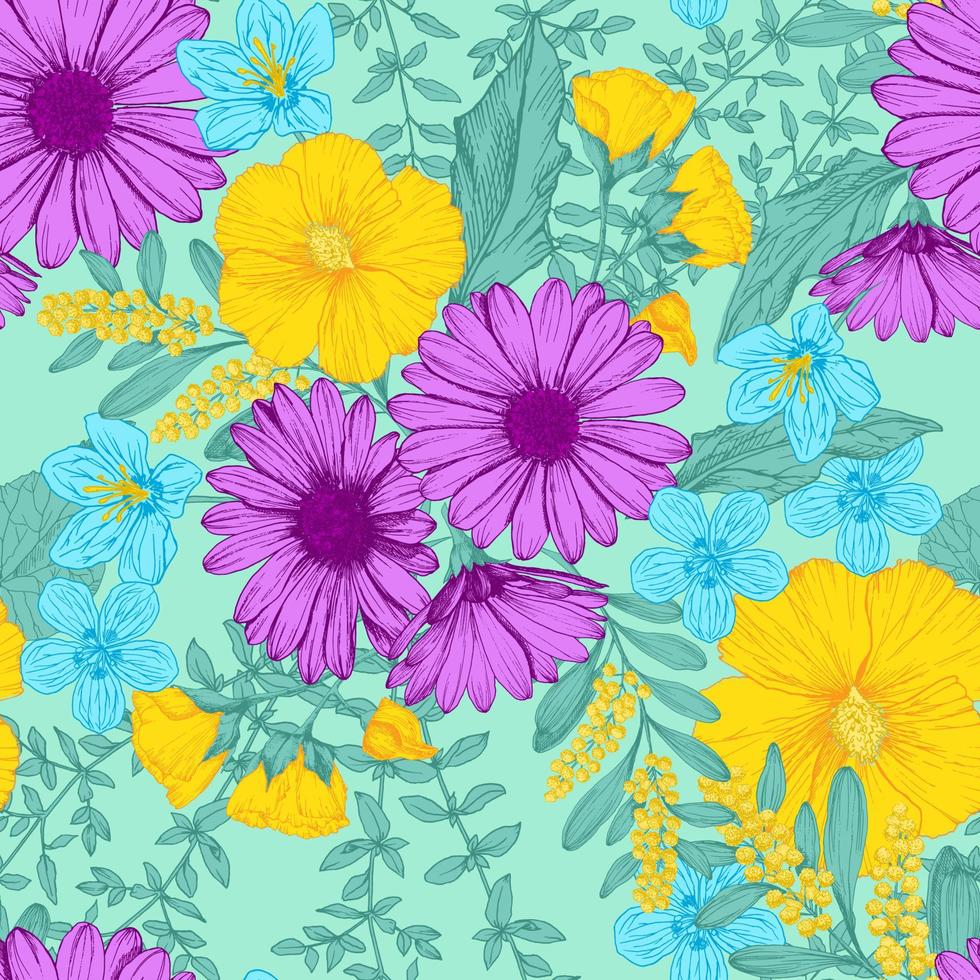 bunte nahtlose Vektormuster mit verschiedenen Blumen. helles Sommerdesign für moderne Drucke. modernes und originelles Textil, Geschenkpapier, Wandkunstdesign vektor