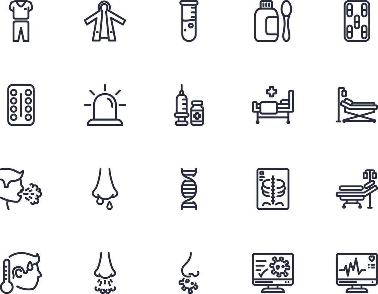 25 medic icon pack 1 stil kontur, outline linjär medicin icon vektor