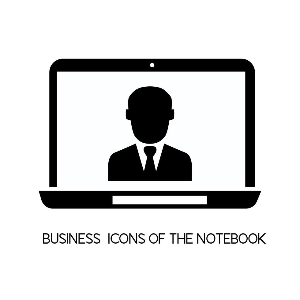Das Geschäftssymbol ist ein offener Laptop. Auf dem Bildschirm führt ein Geschäftsmann im Anzug einen Videoanruf vektor
