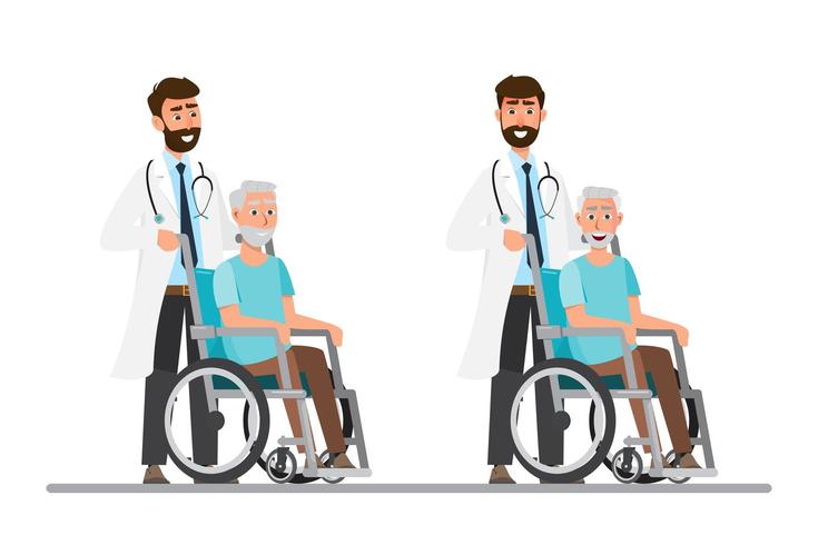 gammal man sitter i rullstol med läkare ta hand vektor