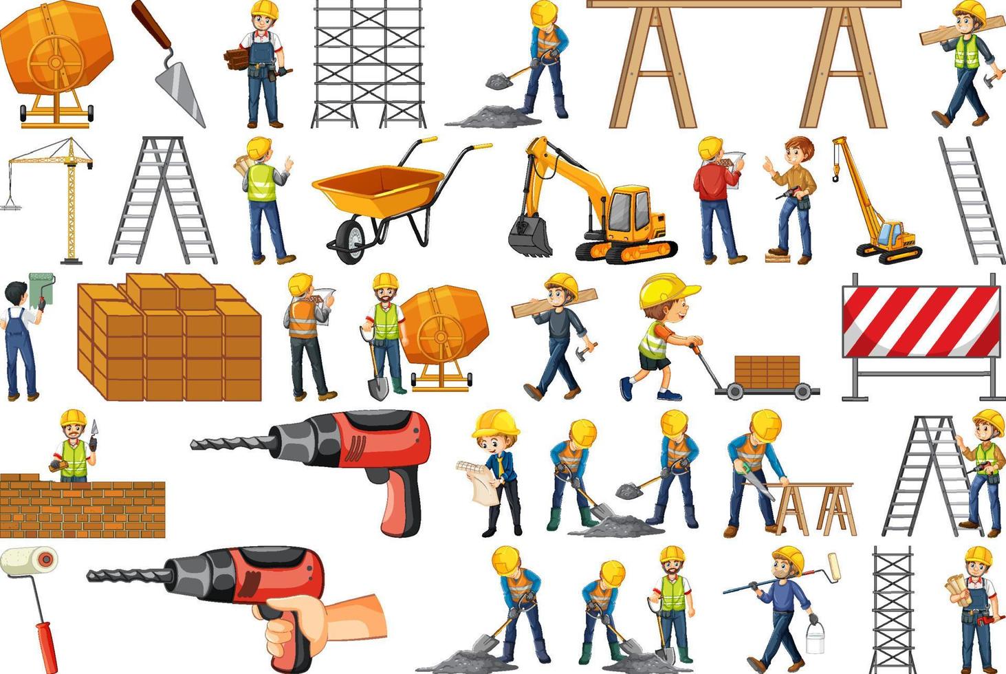 byggnadsarbetare set med människor och verktyg vektor
