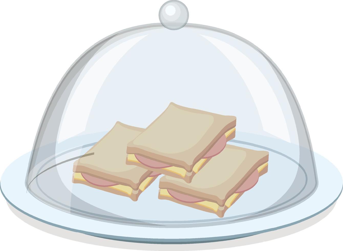 Sandwich auf runder Platte mit Glasabdeckung auf weißem Hintergrund vektor