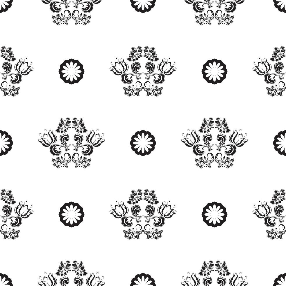 Nahtloses Schwarz-Weiß-Muster mit Blumen und Monogrammen im einfachen Stil. gut für Wandtapeten, Stoffe, Postkarten und Druck. Vektor