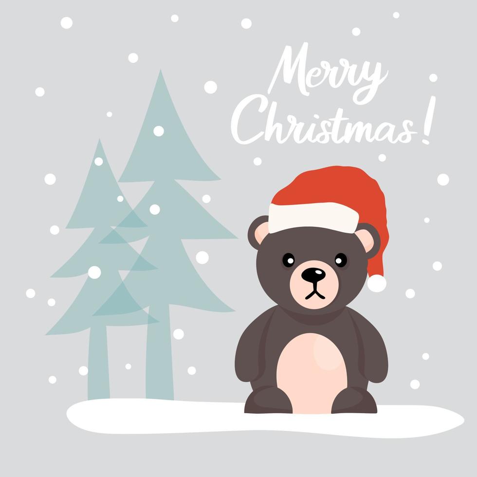 julkort med en söt nallebjörn i en tomtehatt, bland julgranar i en snöig skog. vektor