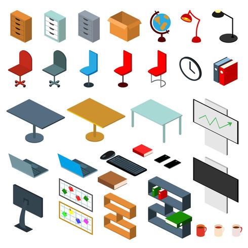 Isometrische Büromöbel- und Zubehörillustration vektor