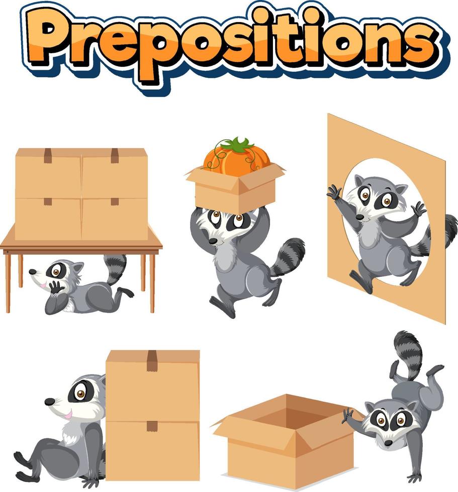 preposition ordkort design med tvättbjörn och lådor vektor