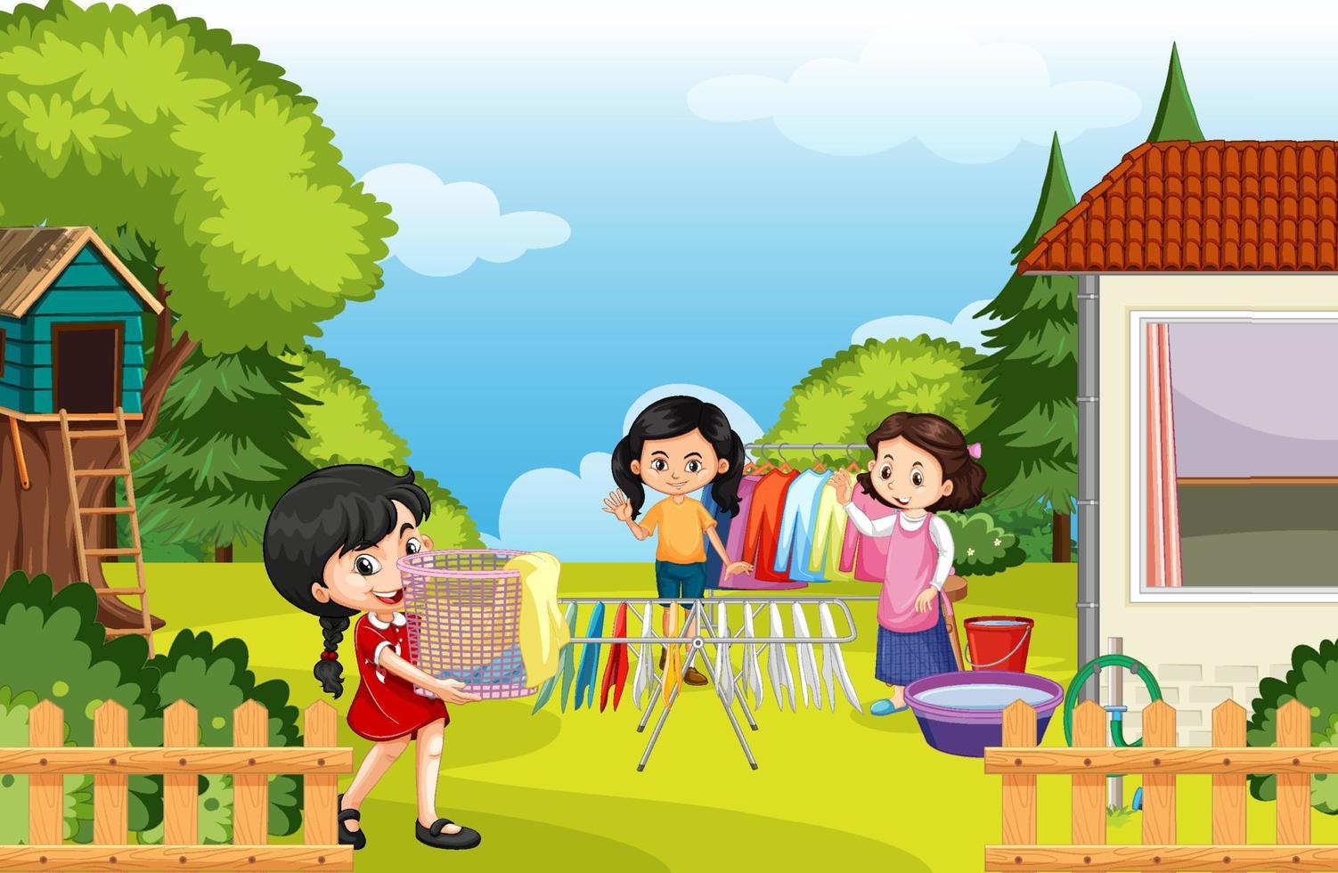 scen av bakgård med barn och staket vektor