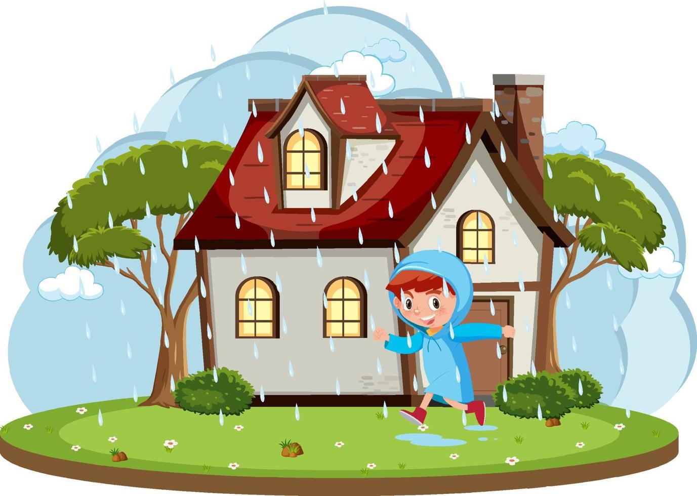 glad pojke spelar regnar framför huset tecknad vektor