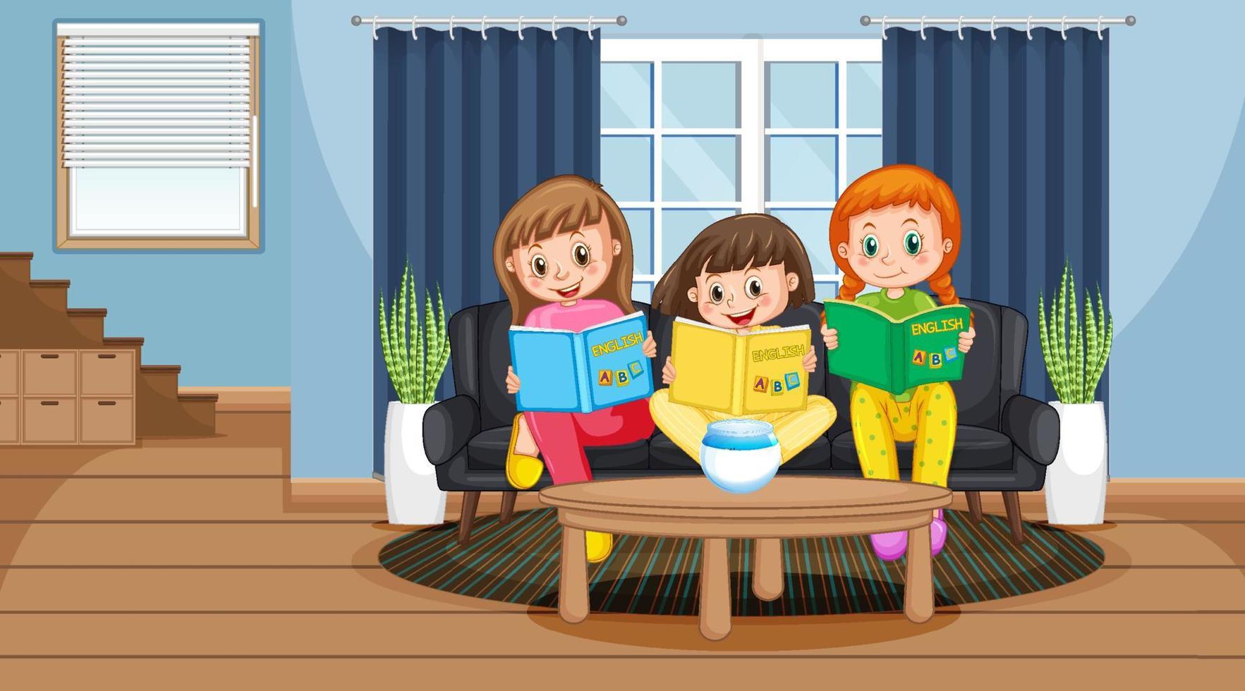 barn som läser böcker hemma vektor
