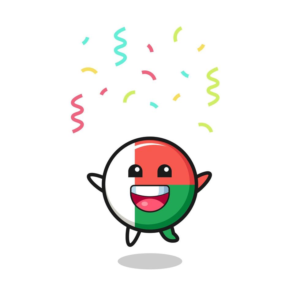 glad madagaskar flagga maskot hoppar för grattis med färg konfetti vektor