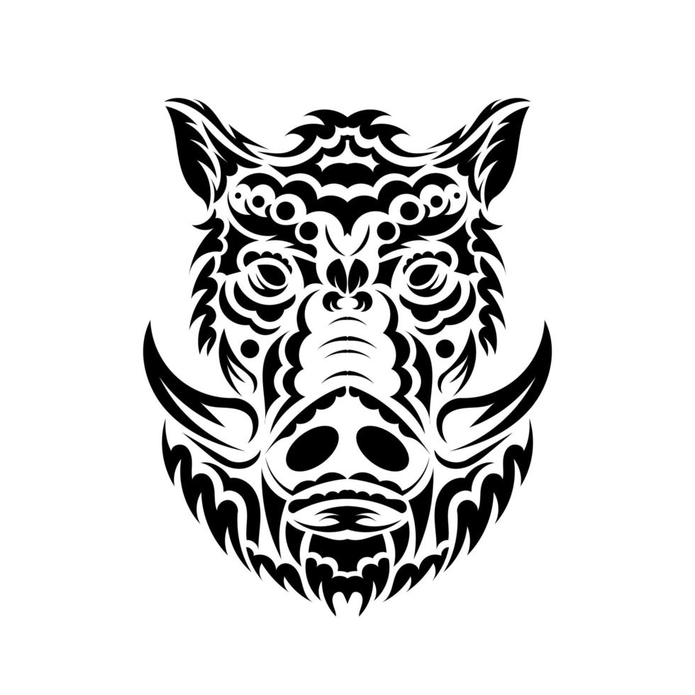 schwarz-weißer Kopf eines wilden Wildschwein-Logos mit langen, geschwungenen Stoßzähnen, die den Betrachter direkt anstarren vektor