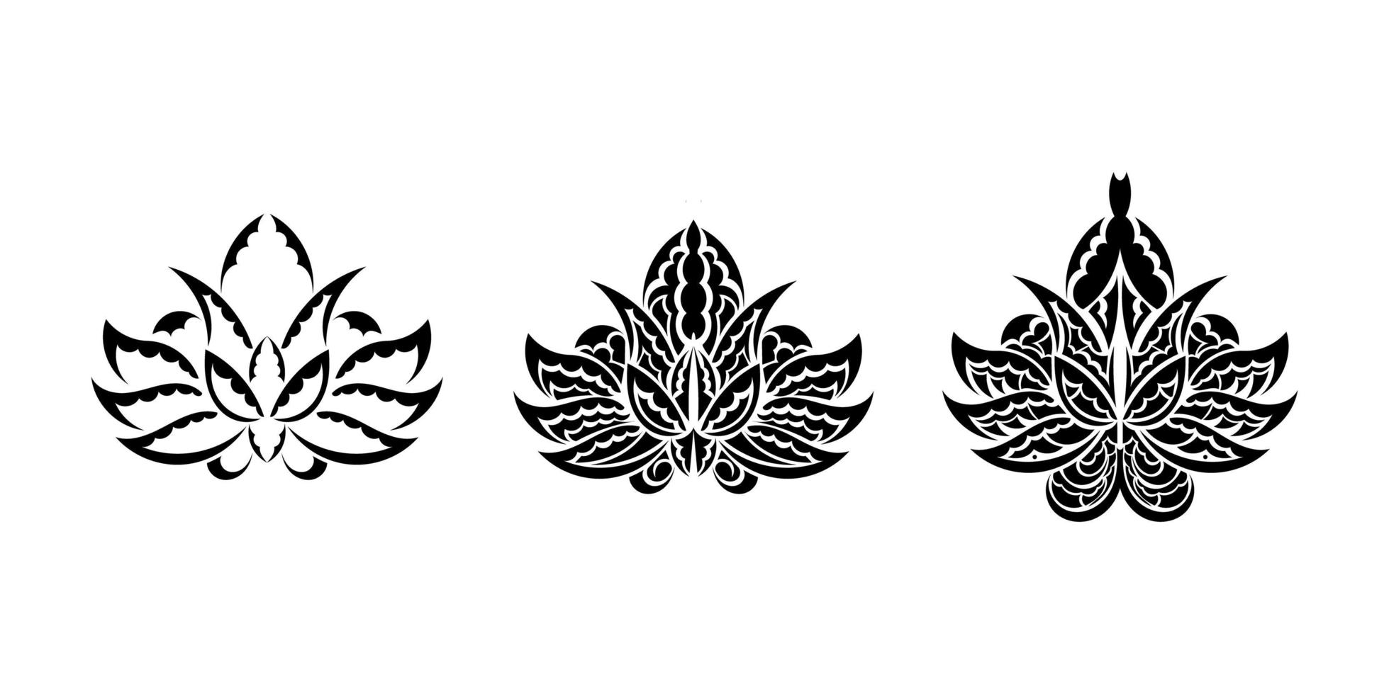 uppsättning lotus prydnad, etnisk tatuering. mönstrad indisk lotusblomma. svartvitt tryck. isolerat. vektor illustration.