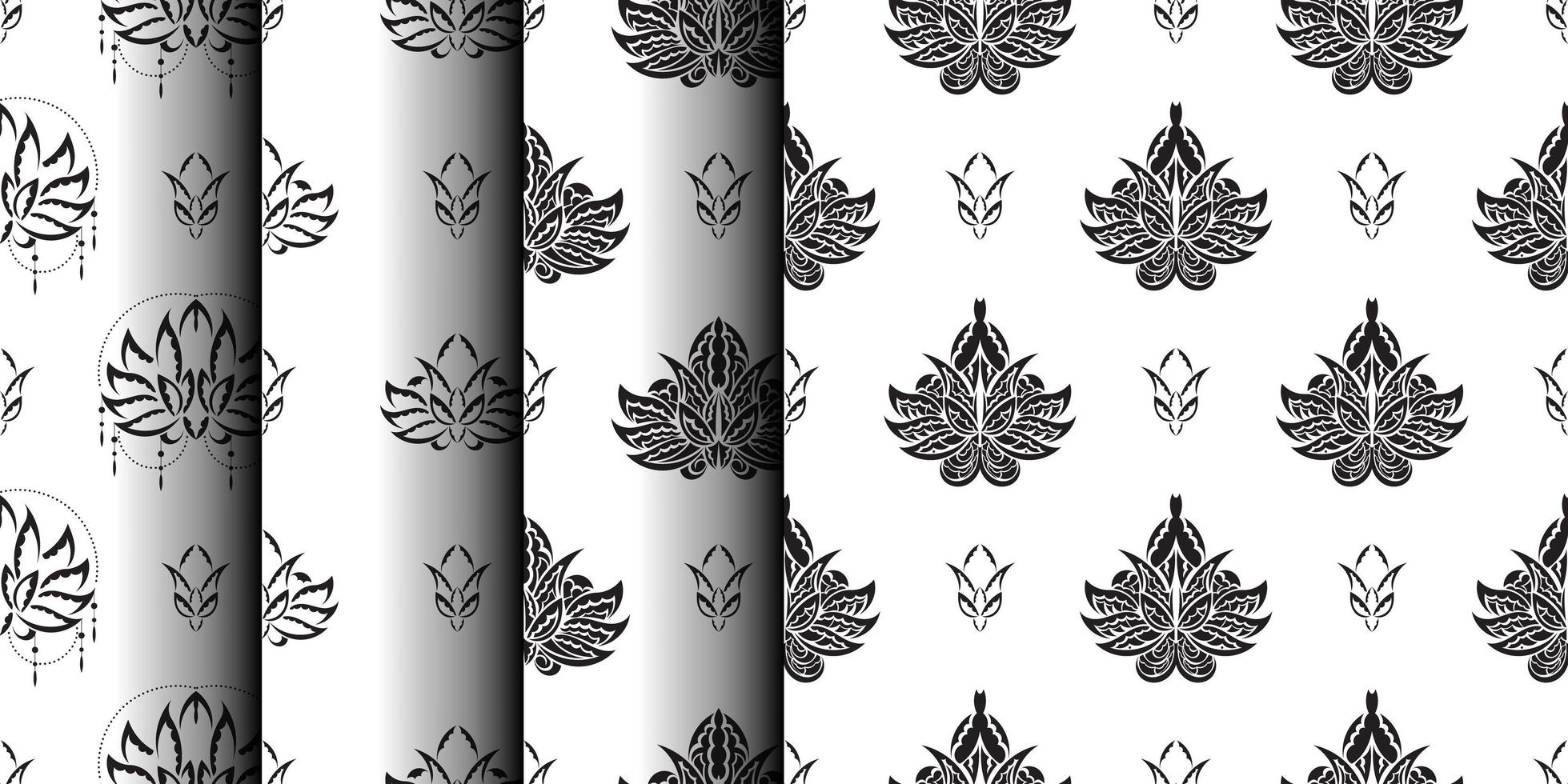 satz von schwarz-weißem nahtlosem muster mit lotusblumen im einfachen stil. gut für Hintergründe, Drucke, Bekleidung und Textilien. Vektor