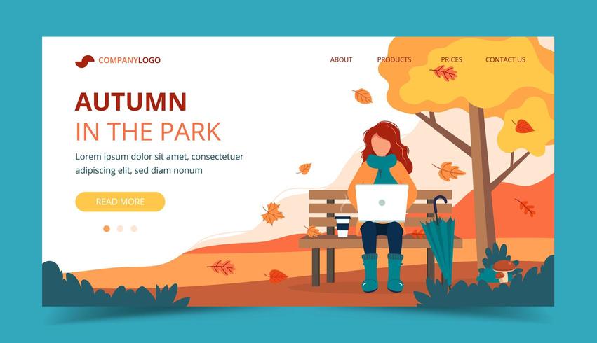 Flicka med bärbar datorsammanträde på bänken i höst. Målsida för landning vektor