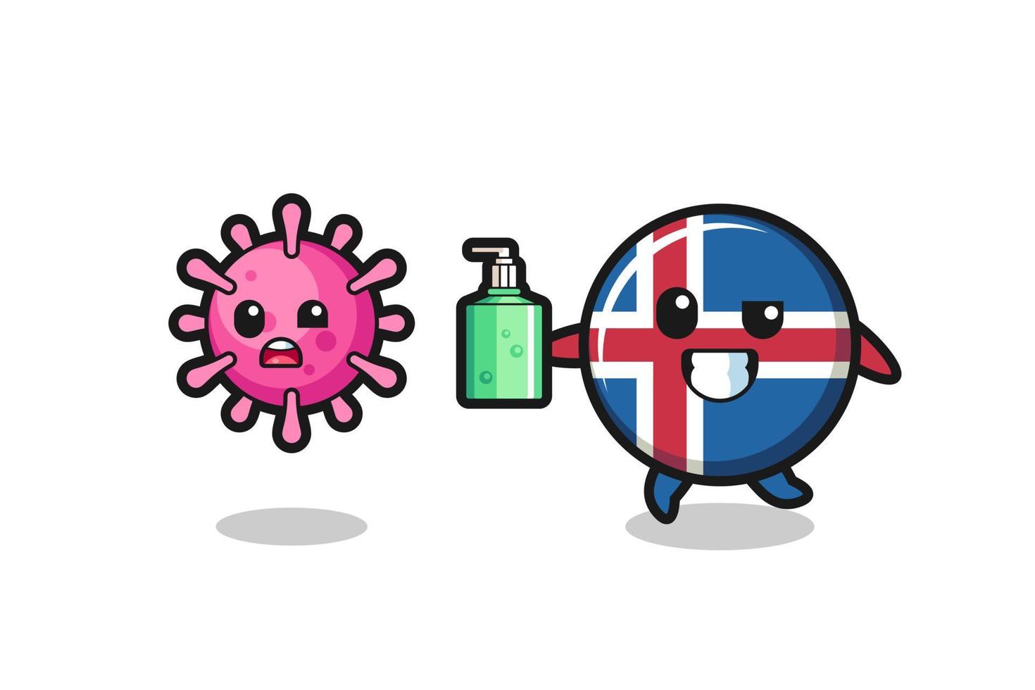 illustration av islandsflaggan karaktär som jagar onda virus med handsprit vektor