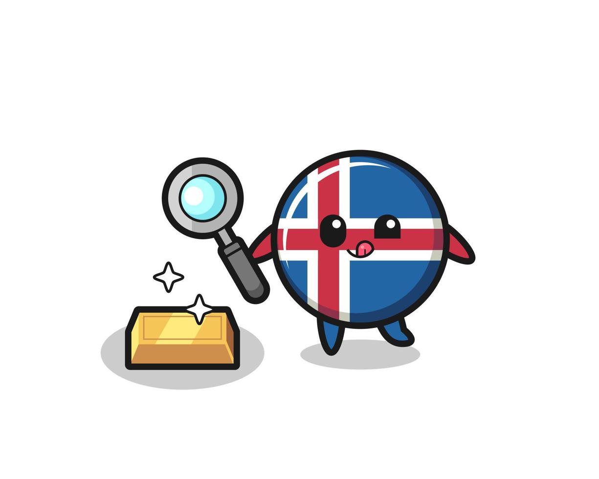 Islands flagga karaktär kontrollerar äktheten av guldtackor vektor