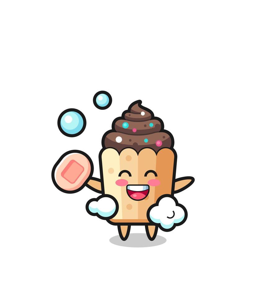 cupcake karaktär badar medan du håller tvål vektor