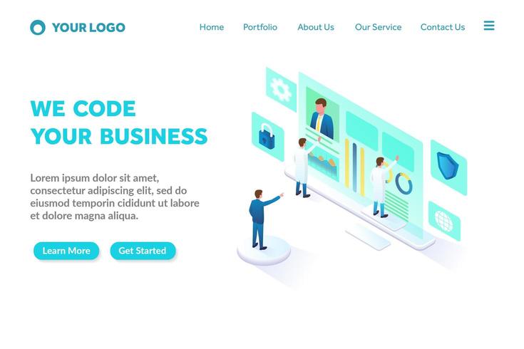 Programmierung und Codierung der isometrischen Landingpage-Vorlage vektor
