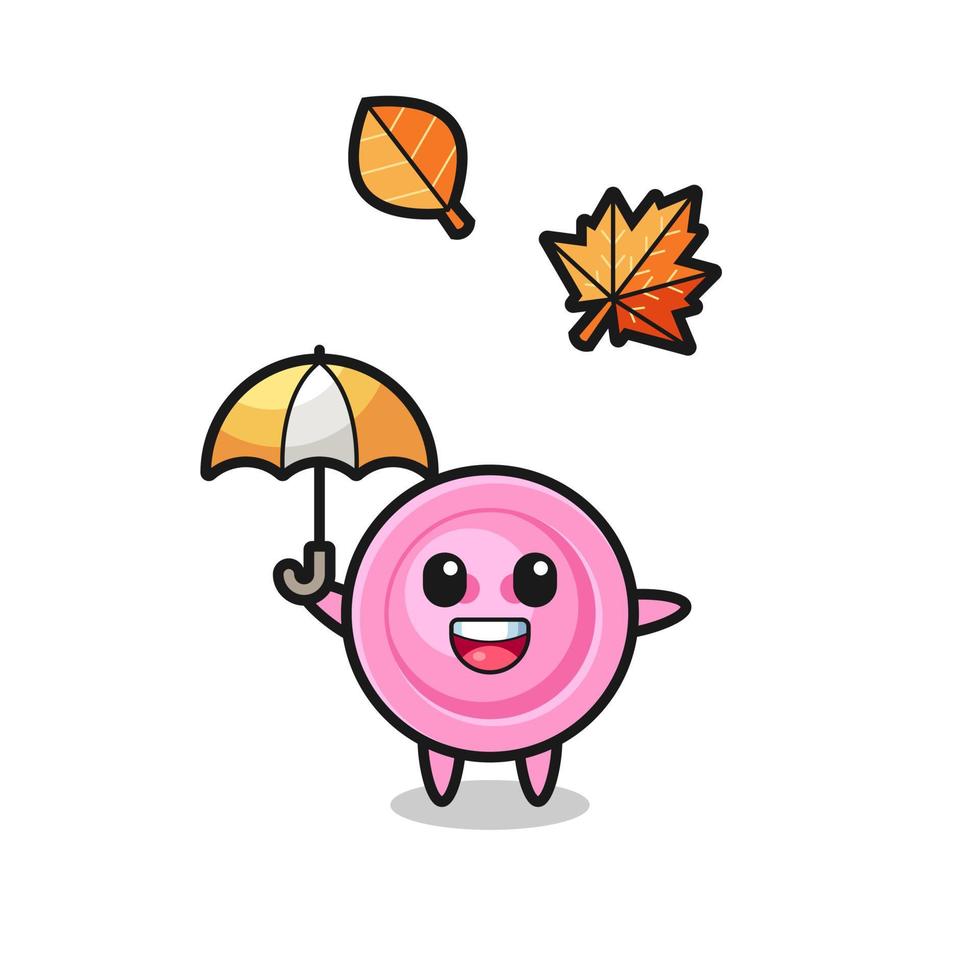 Karikatur des netten Kleidungsknopfes, der einen Regenschirm im Herbst hält vektor