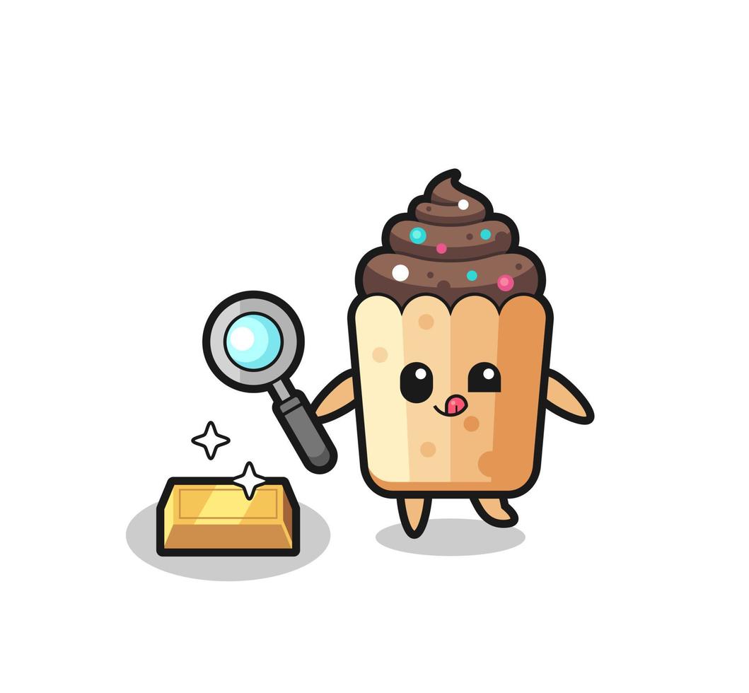 Cupcake-Figur prüft die Echtheit des Goldbarrens vektor