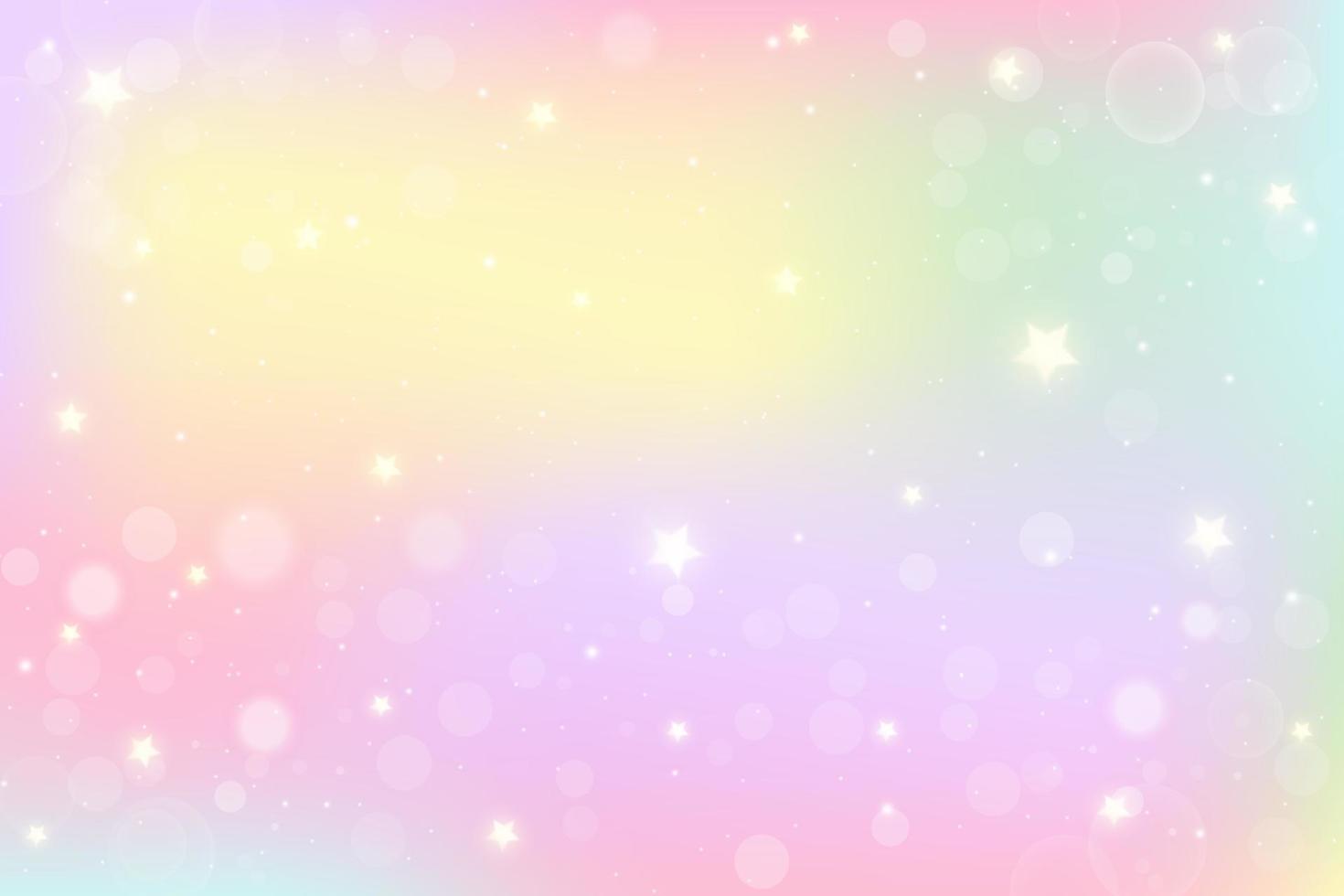 Regenbogen-Fantasie-Hintergrund. holografische Illustration in Pastellfarben. mehrfarbiger himmel mit sternen und bokeh vektor