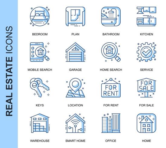 Blaue dünne Linie Real Estate Related Icons Set vektor