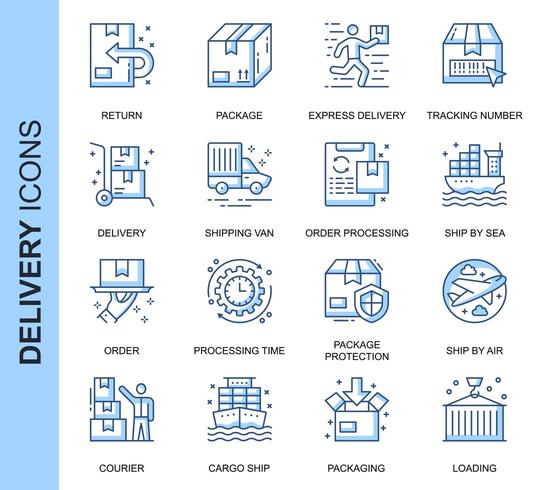 Blaue dünne Linie Lieferung in Verbindung stehende Ikonen eingestellt vektor