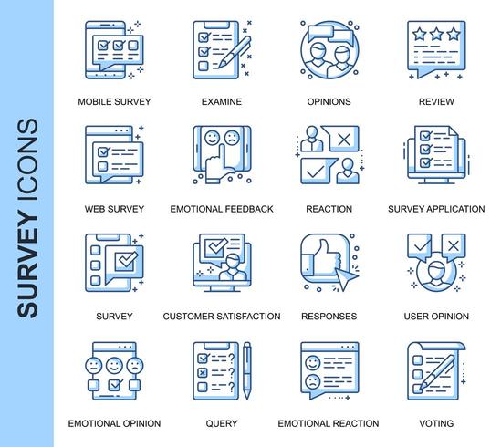 Blaue dünne Linie Umfrage verwandte Icons Set vektor