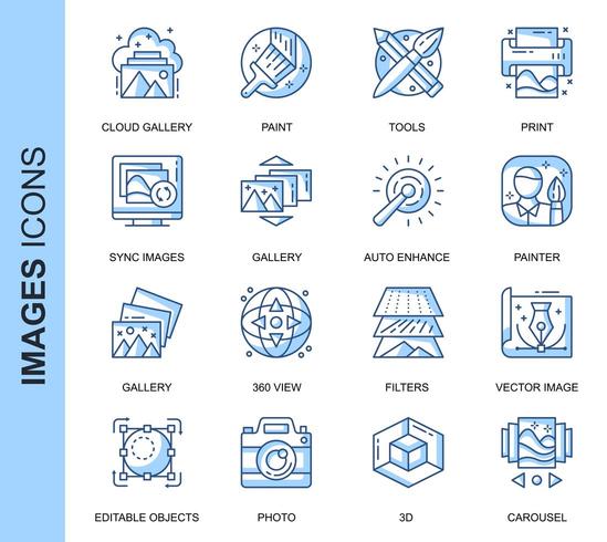 Blå tunn linje bilder relaterade ikoner set vektor
