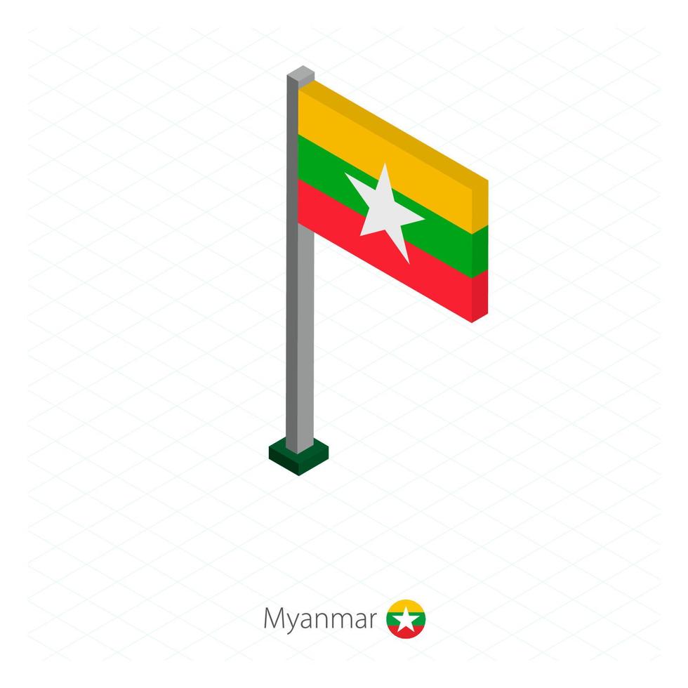 Myanmar-Flagge am Fahnenmast in isometrischer Dimension. vektor