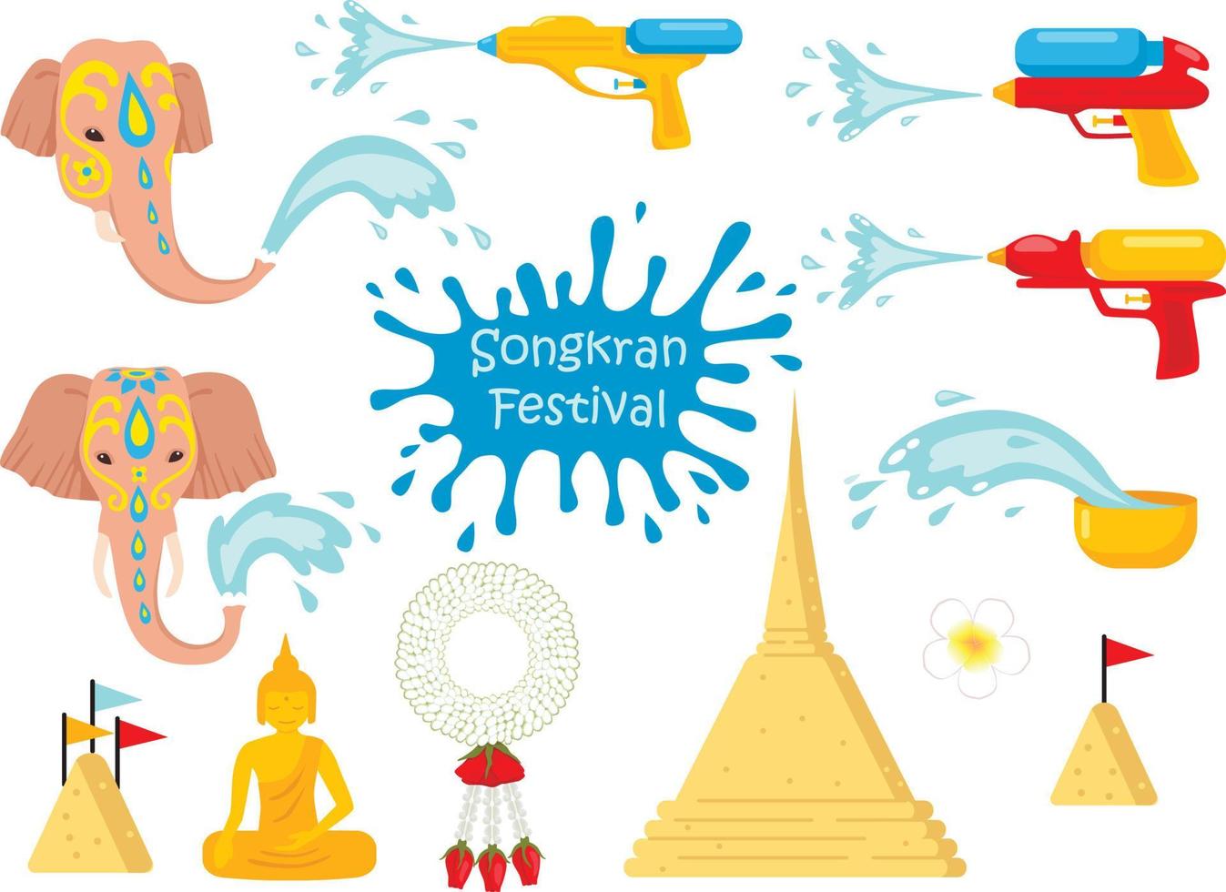 songkran festival - traditioneller neujahrstag thailands, satz bunter symbole vektor
