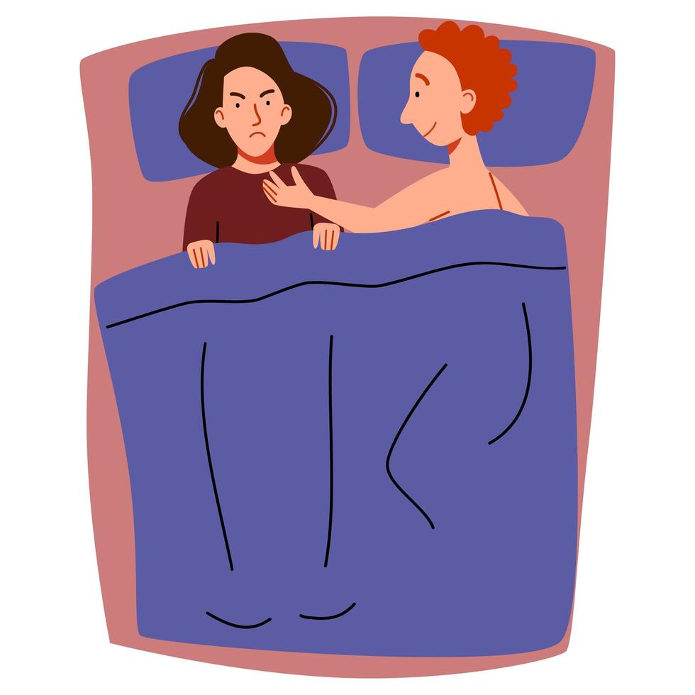 ett par män och kvinnor som ligger i sängen. konceptet med ett sexuellt eller intimt problem mellan romantiska partners. flickan vägrar killen. i platt stil. vektor