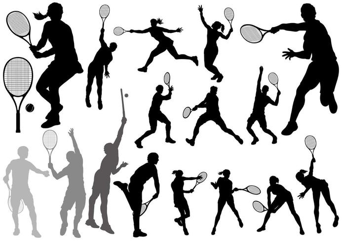 Tennisspieler-Schattenbildsatz lokalisiert auf einem weißen Hintergrund. vektor