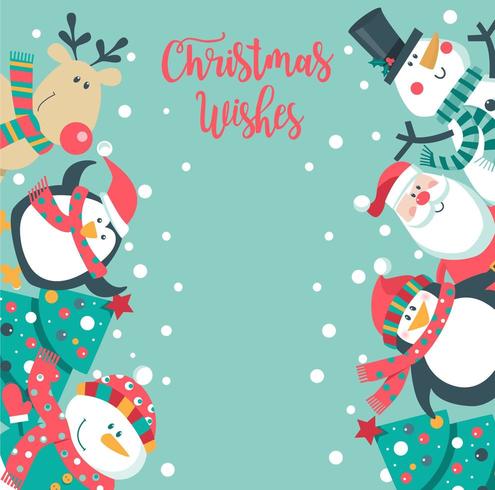 Söt julkort med jultomten, pingvin, träd, snögubbe. vektor