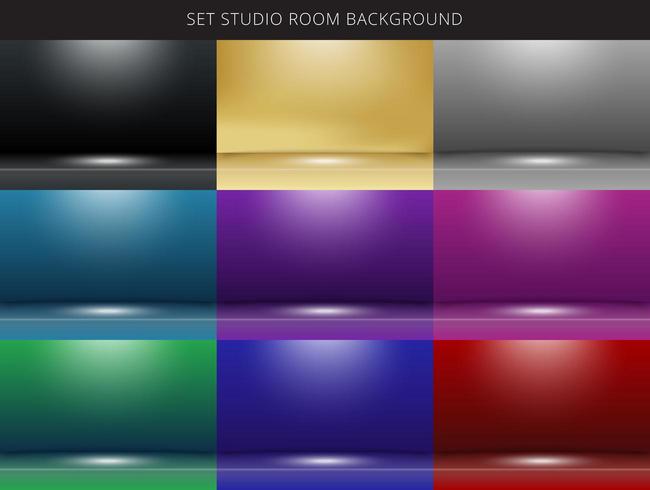 Uppsättning av 9 abstrakt studiorumbakgrund med belysning på scenen. vektor