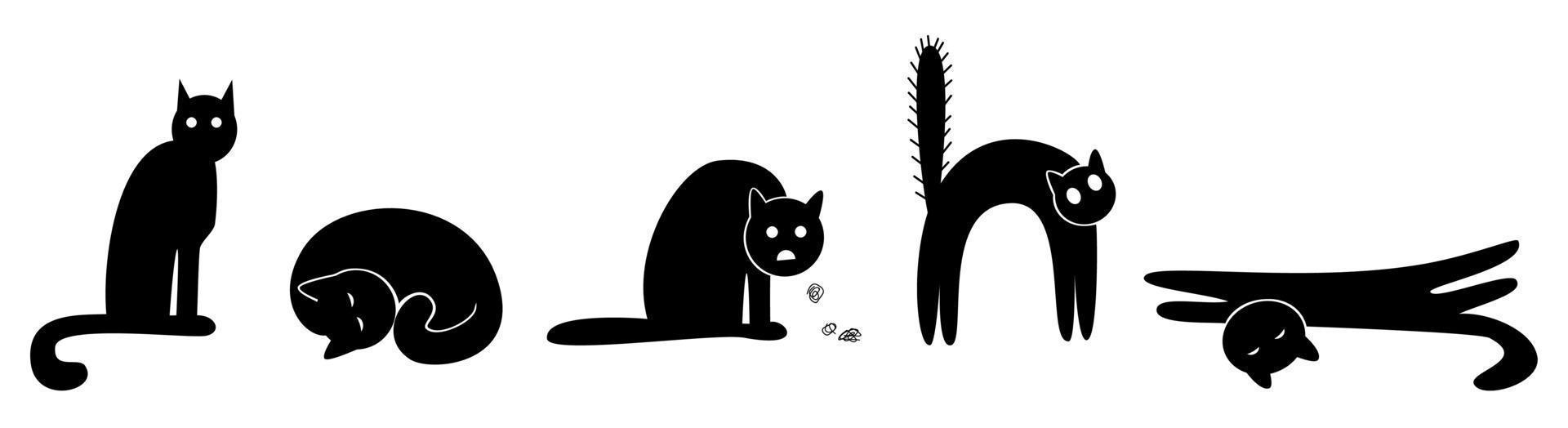 fünf schwarze katzen in verschiedenen positionen - sitzend, schlafend, hustend, verängstigt, streckend. Vektor-Illustration isoliert auf weißem Hintergrund. vektor
