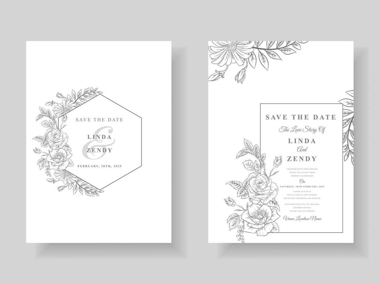 minimalistische Hochzeitseinladung mit floraler Strichzeichnung vektor
