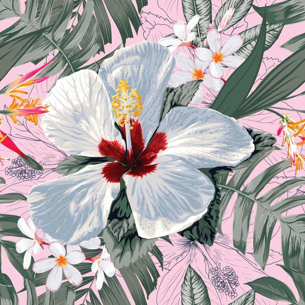 nahtloses muster floral mit hibiskus- und frangipani-blumen abstrakter hintergrund.vektorillustration hand gezeichnet.für stoffmodedruckmusterdesign oder produktverpackung. vektor