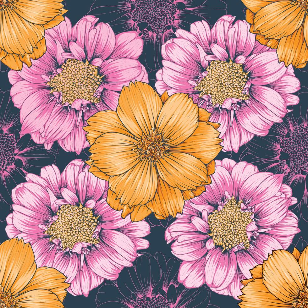 sömlösa mönster blommig med vintage zinnia och kosmos blommor abstrakt bakgrund. vektor illustration linje art.för tyg mönster print dsign.