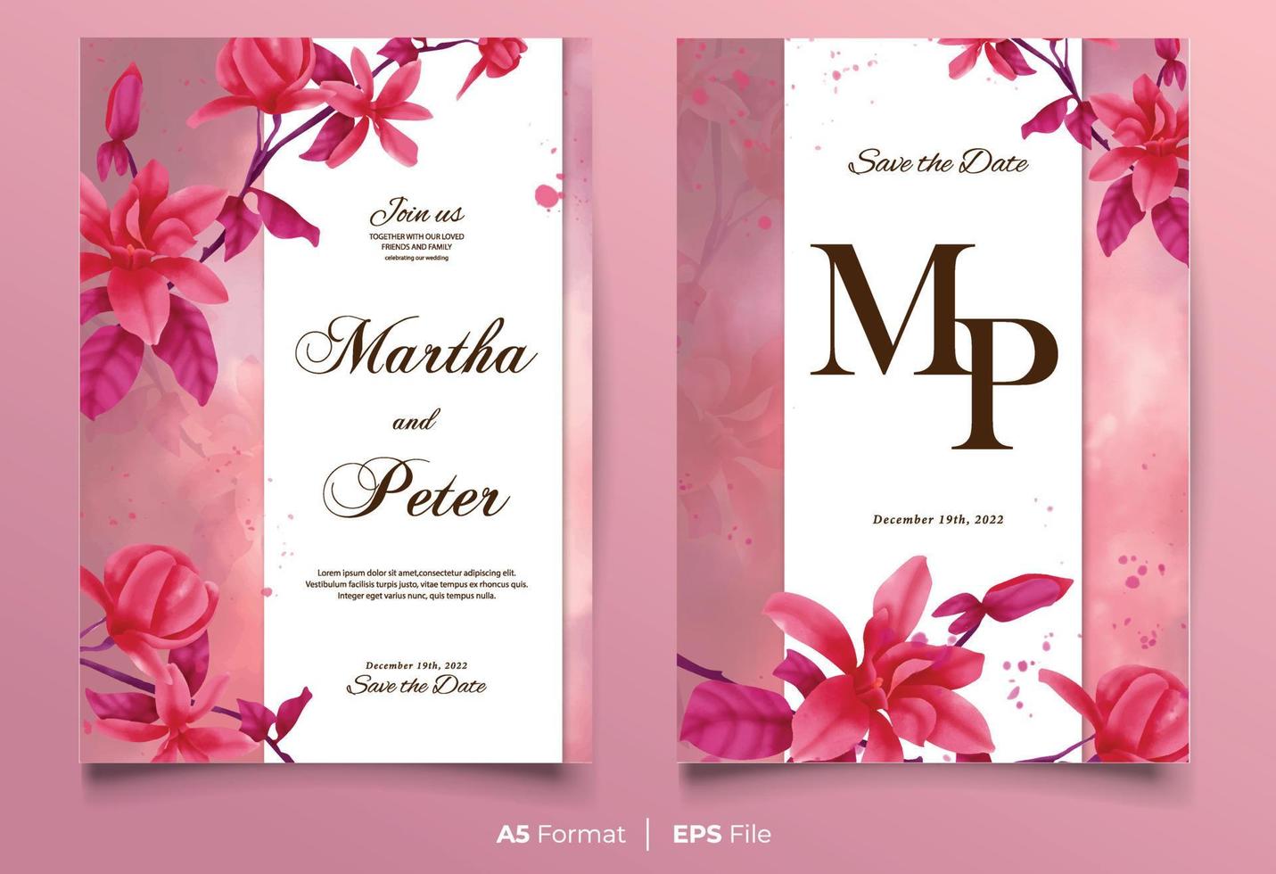 akvarell bröllopsinbjudan mall med rosa blomma prydnad vektor