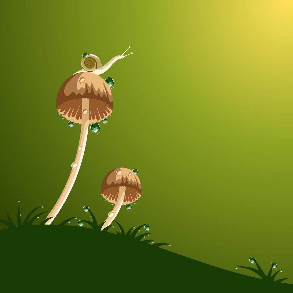 schnecke auf pilz und tau funkelnd, mit platz für text, als banner oder vorlage, frühlingsthema. Vektor-Illustration. vektor