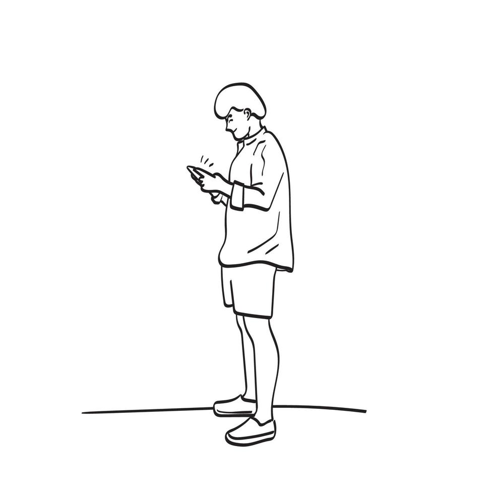 Linie Kunst in voller Länge des Mannes unter Verwendung der Smartphoneillustrations-Vektorhand gezeichnet lokalisiert auf weißem Hintergrund vektor