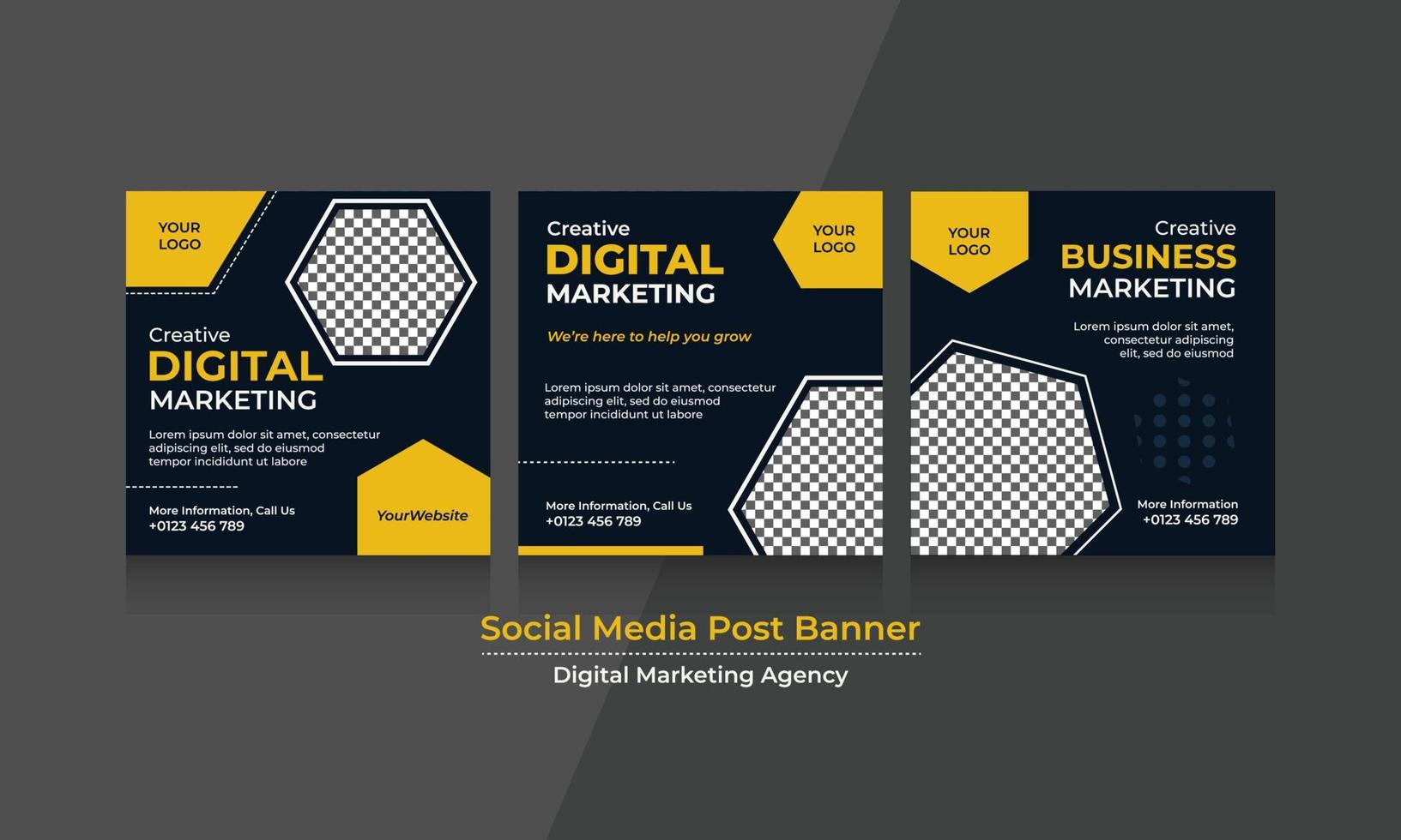 vektorgrafik av sociala medier post banner med mörkblå, gul och vit färgschema. perfekt för marknadsföring av digital marknadsföringsbyrå vektor