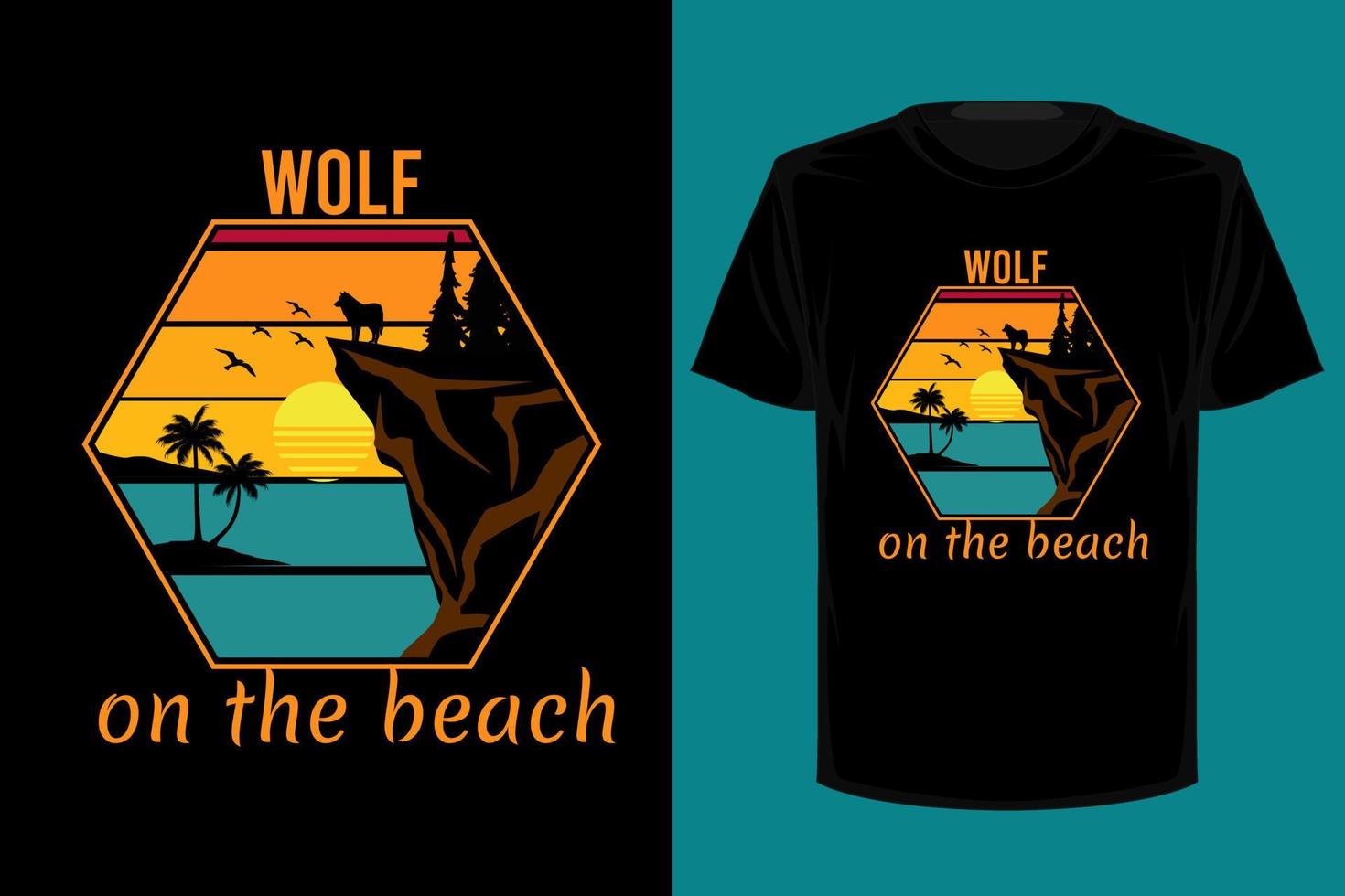 Wolf auf dem Retro-Vintage-T-Shirt-Design des Strandes vektor