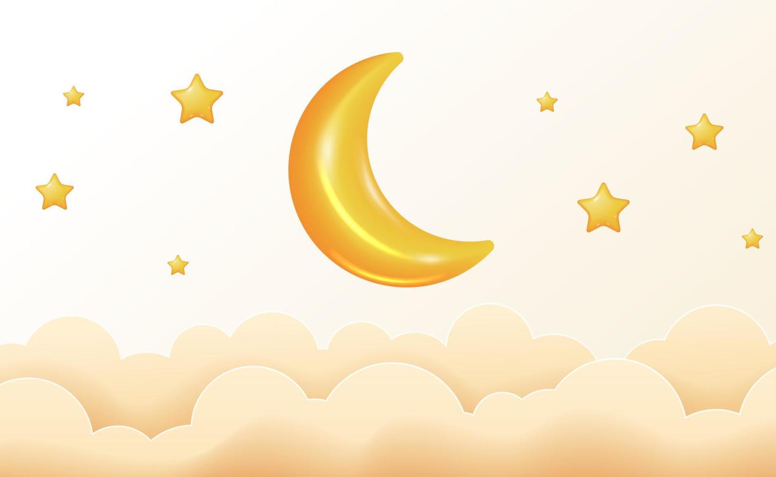 söt dröm vaggvisa 3d gul måne och stjärna med moln. god natt baby shower illustration koncept. vektor