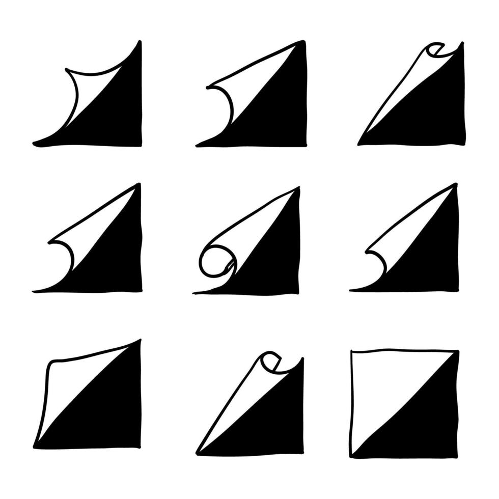 Set von gewellten Ecken. Papierseite Curl-Ecke, Flip-Turn-Faltblatt. Aufkleber lockiger Winkel, Notizblock mit gebogenem Rand. Gekritzel handgezeichnetes quadratisches Vektordesign vektor