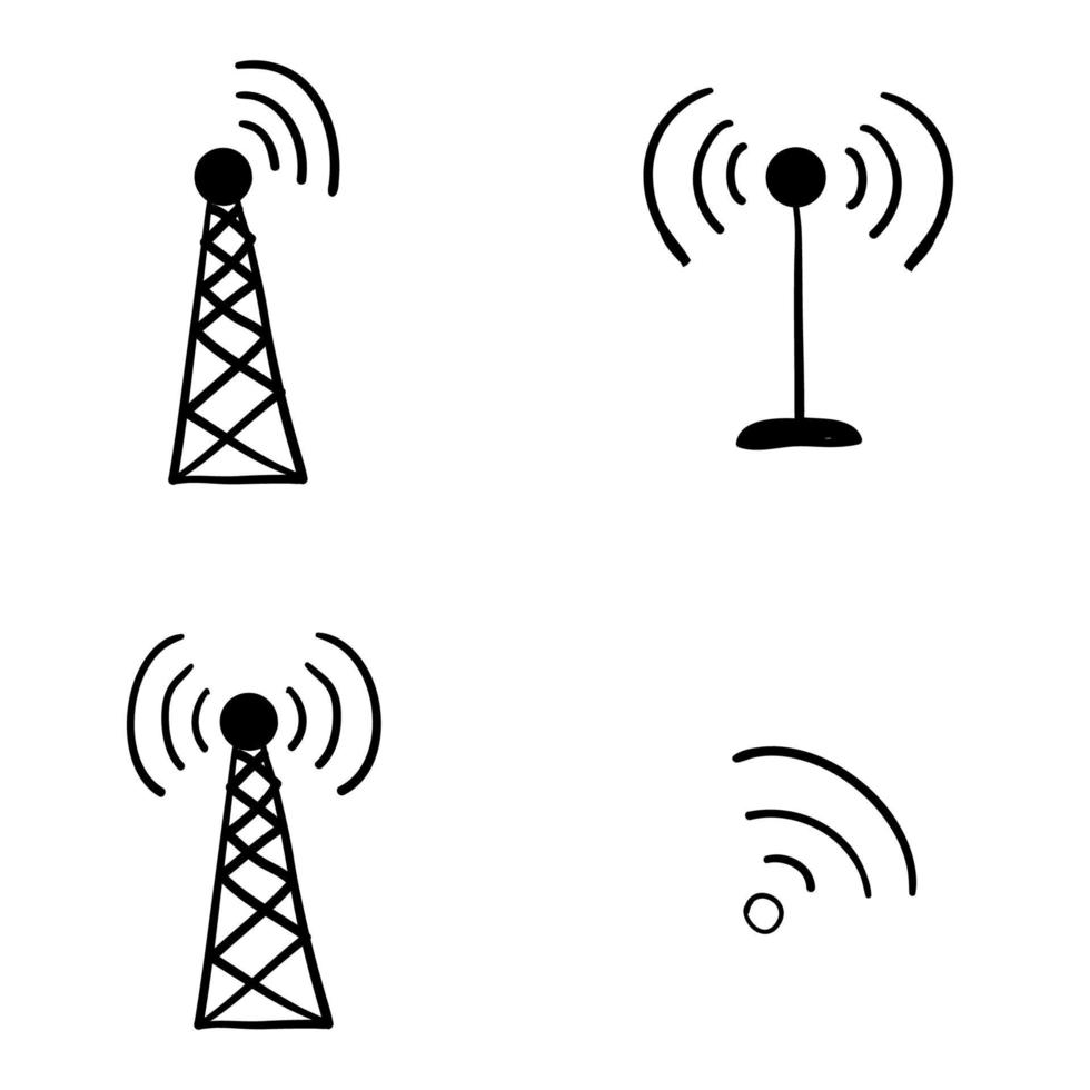 radio signalisiert wellen und lichtstrahlen, radar, wifi, antenne und satellitensignalsymbole handgezeichneter gekritzelstilvektor vektor