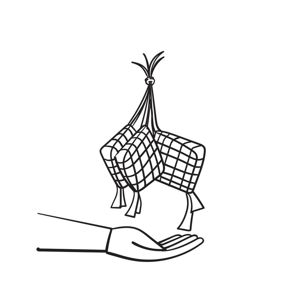hand gezeichnete gekritzelhand, die ketupat traditionelle moslemische lebensmittelillustrationsikone hält vektor