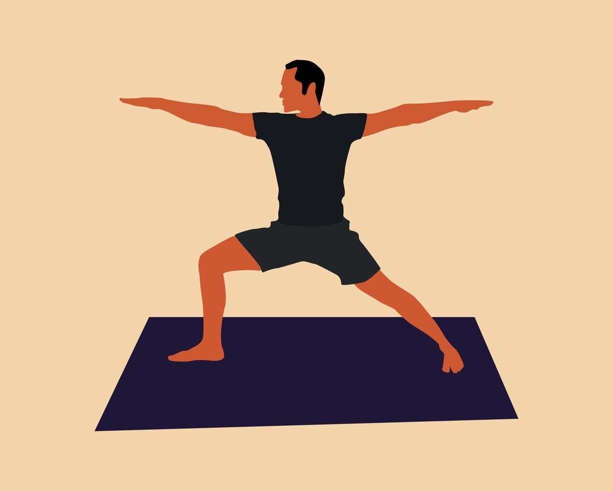 Mann, der zu Hause Yoga macht. Illustration mit Krieger-Pose. vektor